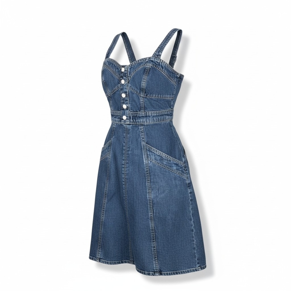 Japra  Blue Denim Button-Front Overall Dress